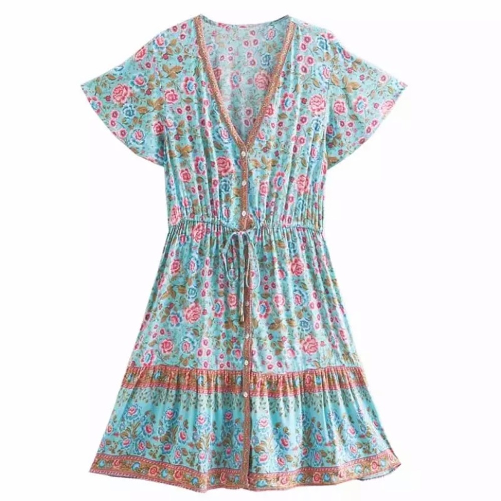 Blue Floral Boho Flutter Sleeve Mini Dress - Picture 3 of 5